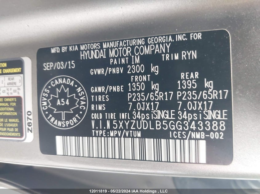 2016 Hyundai Santa Fe Sport VIN: 5XYZUDLB5GG343388 Lot: 12011819