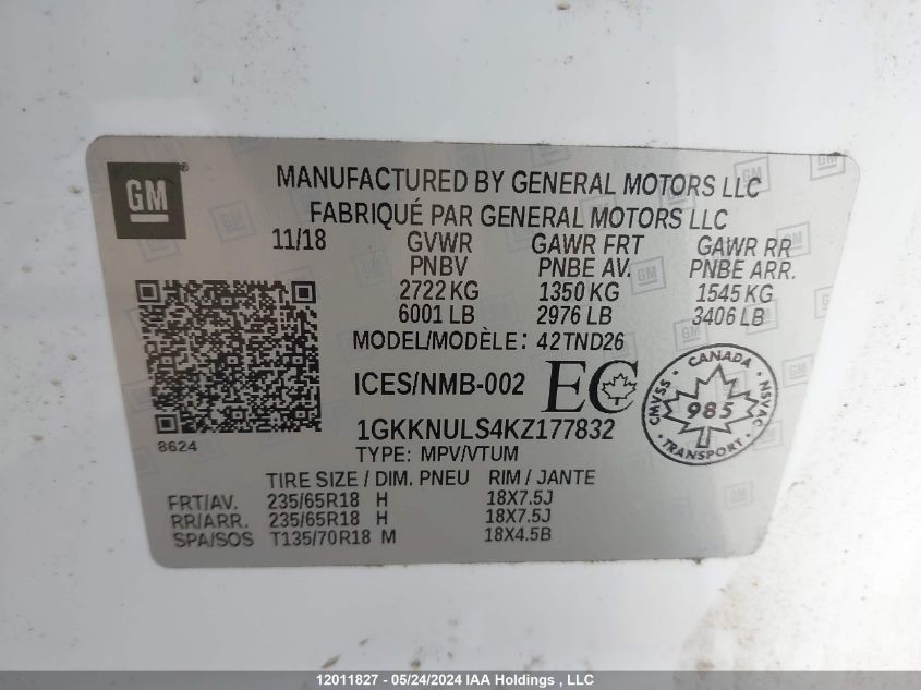 2019 GMC Acadia VIN: 1GKKNULS4KZ177832 Lot: 12011827