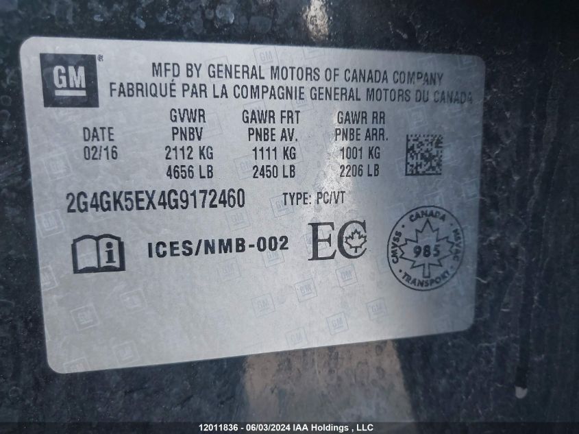2016 Buick Regal VIN: 2G4GK5EX4G9172460 Lot: 12011836