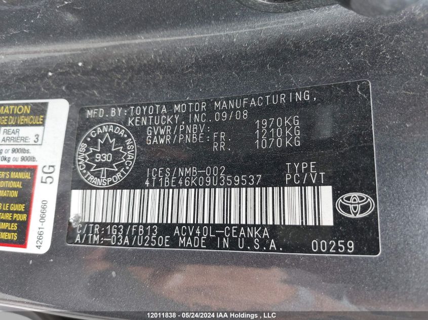 2009 Toyota Camry Le/Se VIN: 4T1BE46K09U359537 Lot: 12011838