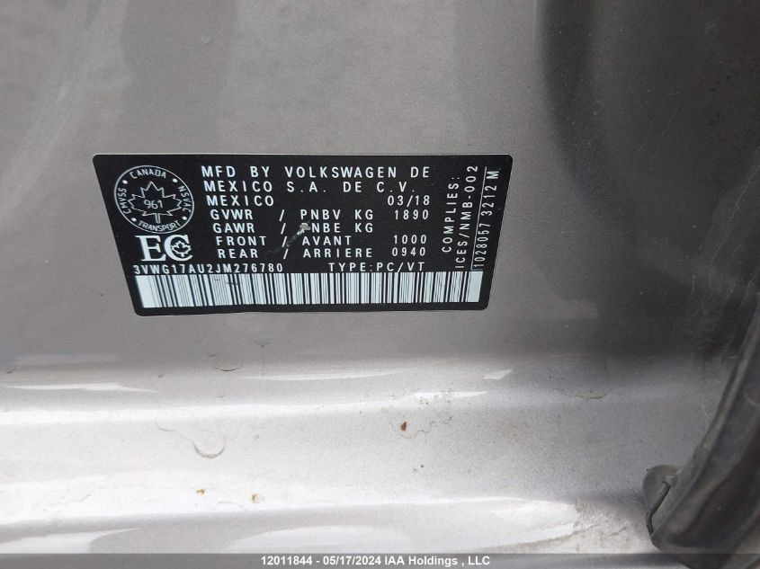 2018 Volkswagen Golf S/Se VIN: 3VWG17AU2JM276780 Lot: 12011844