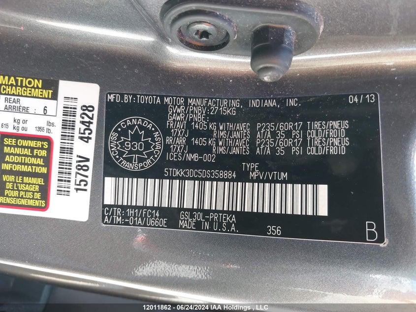 2013 Toyota Sienna VIN: 5TDKK3DC5DS358884 Lot: 12011862