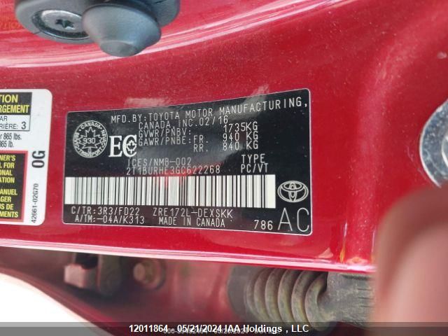 2016 Toyota Corolla L/Le/Le Pls/Prm/S/S Pls VIN: 2T1BURHE3GC622268 Lot: 12011864