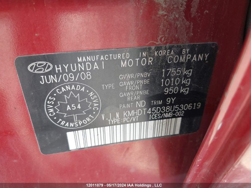 2008 Hyundai Elantra VIN: KMHDT45D38U530619 Lot: 12011879