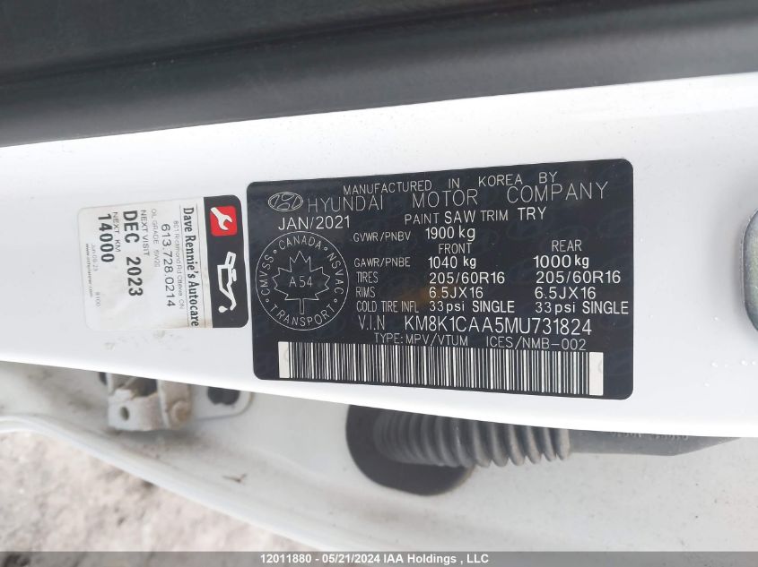 2021 Hyundai Kona Essential Awd VIN: KM8K1CAA5MU731824 Lot: 12011880