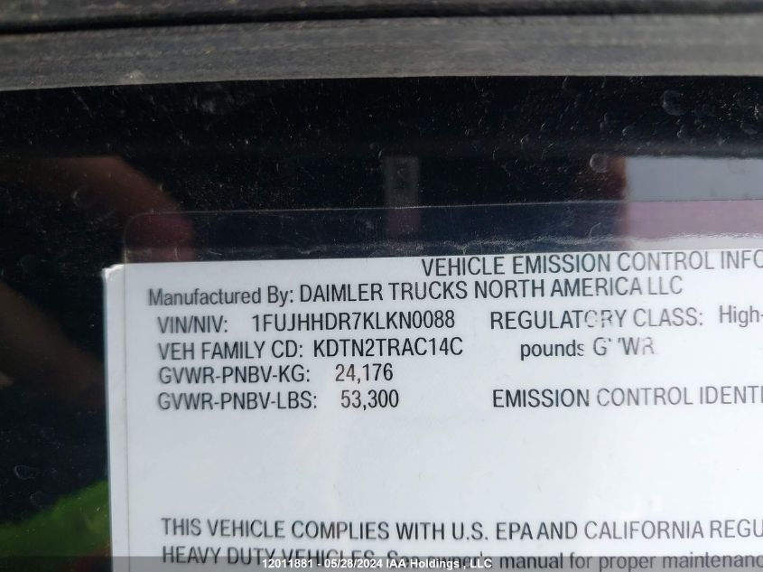 2019 Freightliner New Cascadia 126 VIN: 1FUJHHDR7KLKN0088 Lot: 12011881