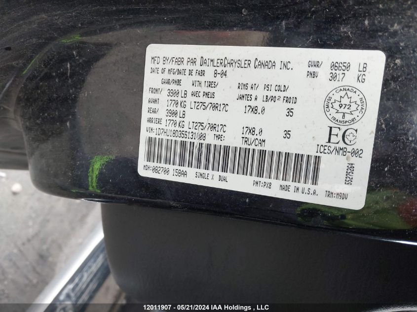 2005 Dodge Ram 1500 Slt/Laramie VIN: 1D7HU18D35S131008 Lot: 12011907