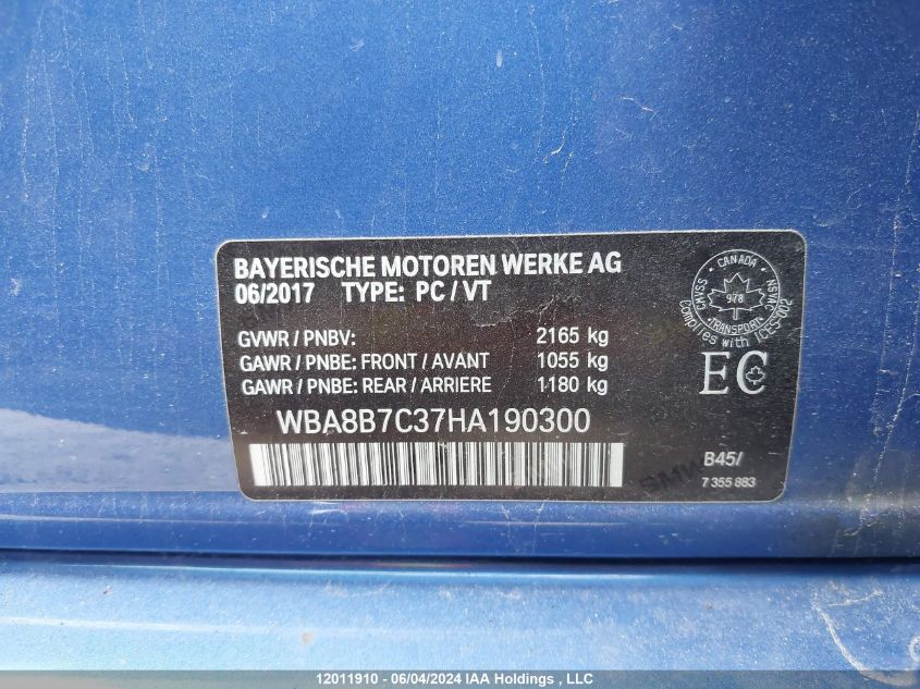 2017 BMW 3 Series VIN: WBA8B7C37HA190300 Lot: 12011910