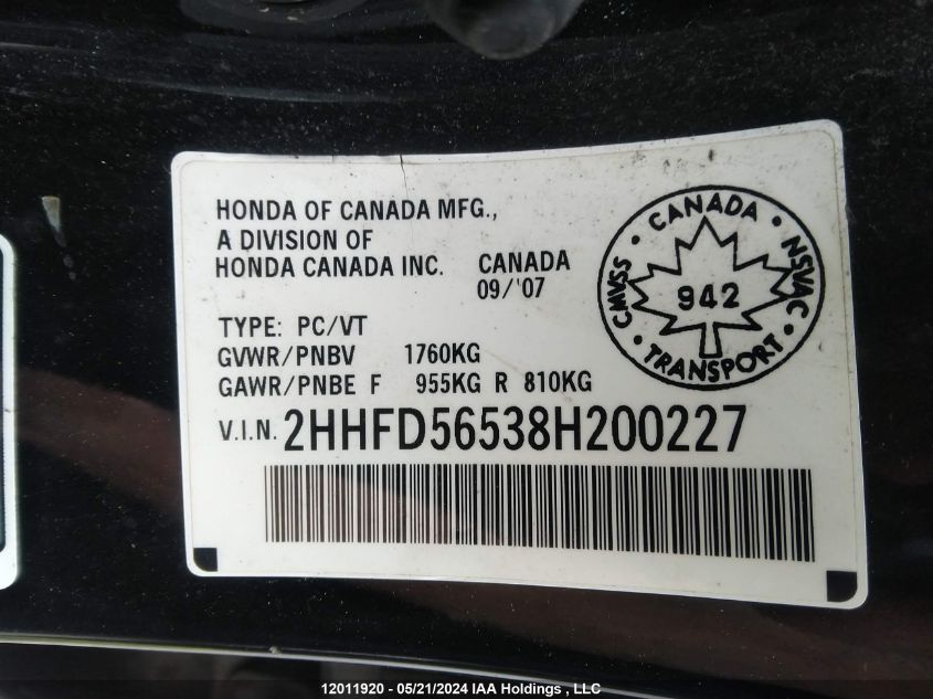 2008 Acura Csx VIN: 2HHFD56538H200227 Lot: 12011920