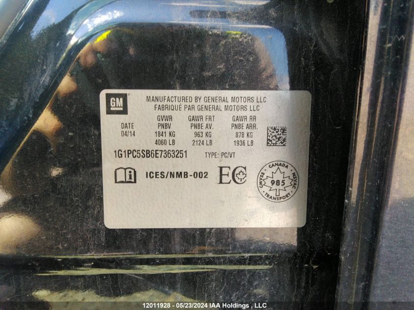 2014 Chevrolet Cruze Lt VIN: 1G1PC5SB6E7363251 Lot: 12011928