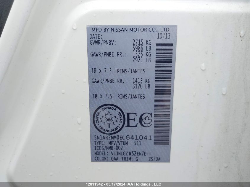 2014 Nissan Pathfinder VIN: 5N1AR2MM0EC641041 Lot: 12011942