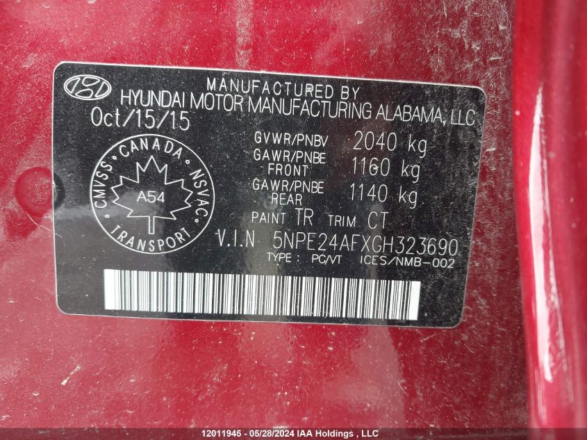 2016 Hyundai Sonata Gls Special Edition VIN: 5NPE24AFXGH323690 Lot: 12011945
