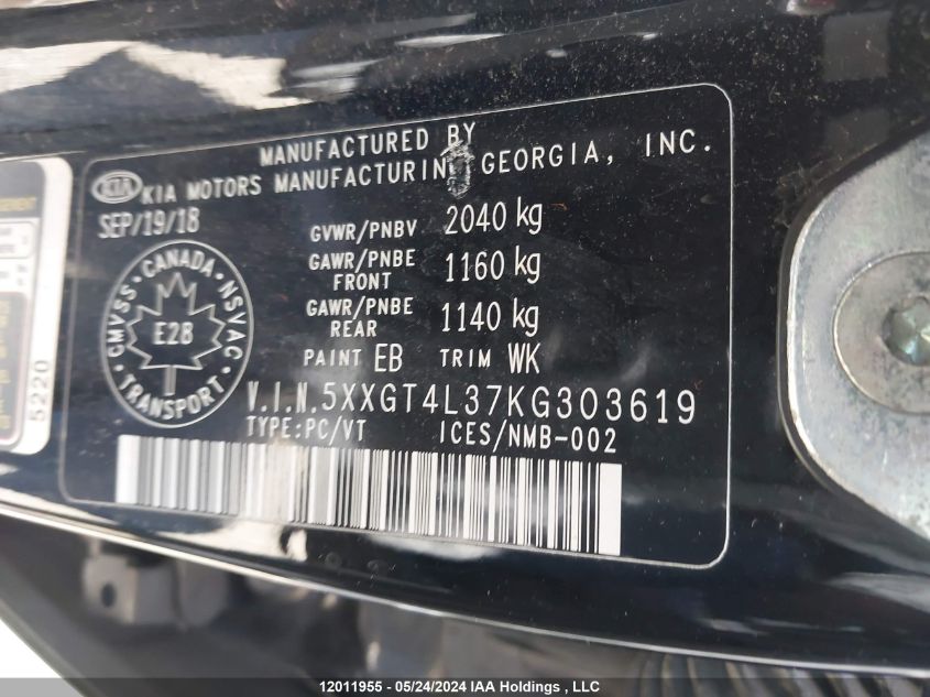 2019 Kia Optima VIN: 5XXGT4L37KG303619 Lot: 12011955