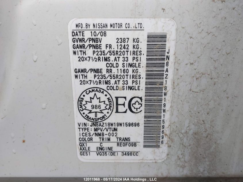 2009 Nissan Murano Le VIN: JN8AZ18W19W159696 Lot: 12011968