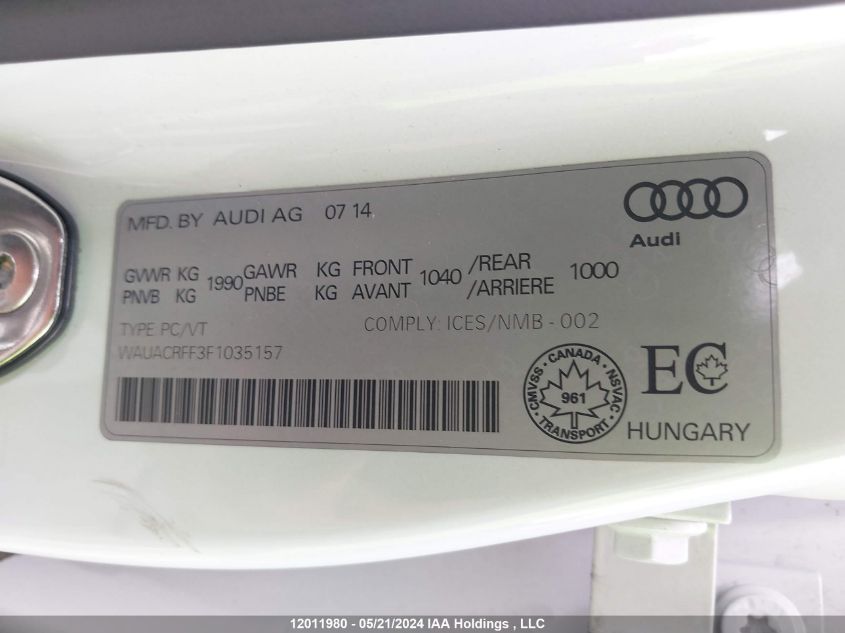 2015 Audi A3 VIN: WAUACRFF3F1035157 Lot: 12011980