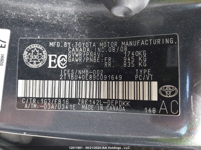 2009 Toyota Corolla Le VIN: 2T1BU40E89C091649 Lot: 12011981