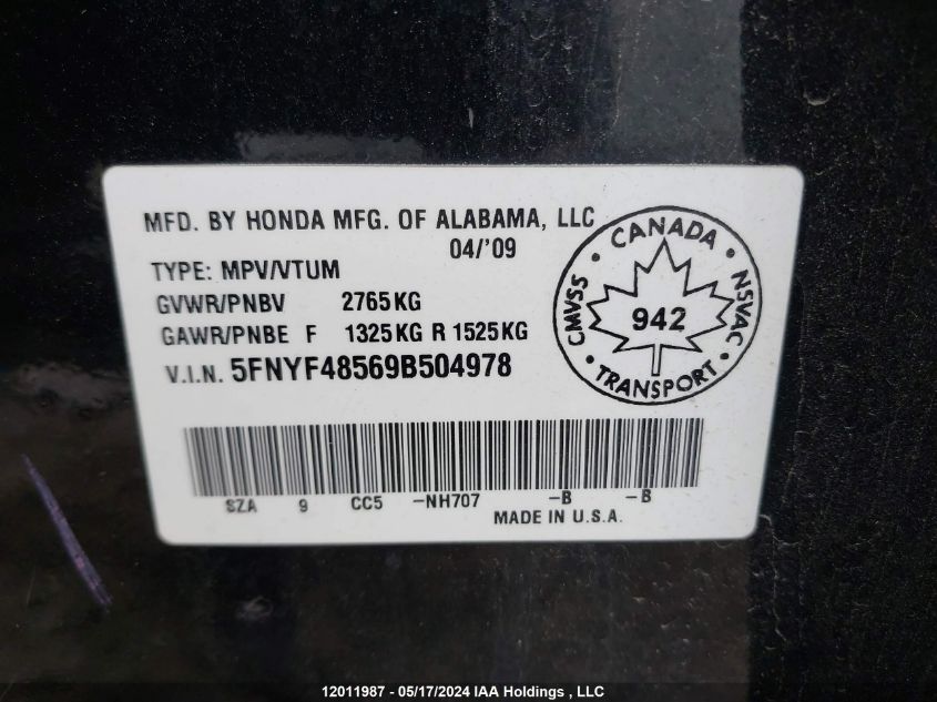 2009 Honda Pilot VIN: 5FNYF48569B504978 Lot: 12011987