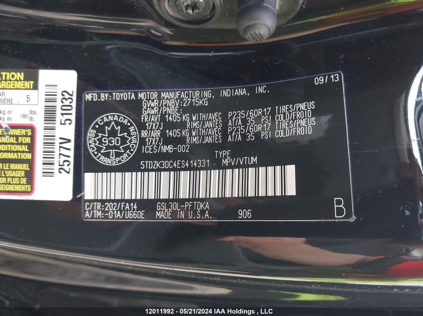 2014 Toyota Sienna 7 Passenger VIN: 5TDZK3DC4ES414331 Lot: 12011992