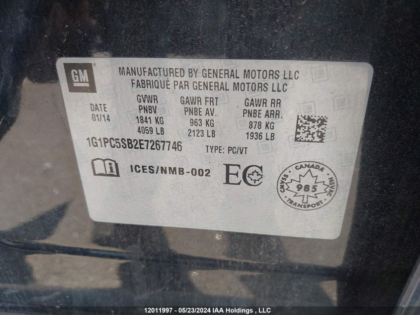 2014 Chevrolet Cruze VIN: 1G1PC5SB2E7267746 Lot: 12011997