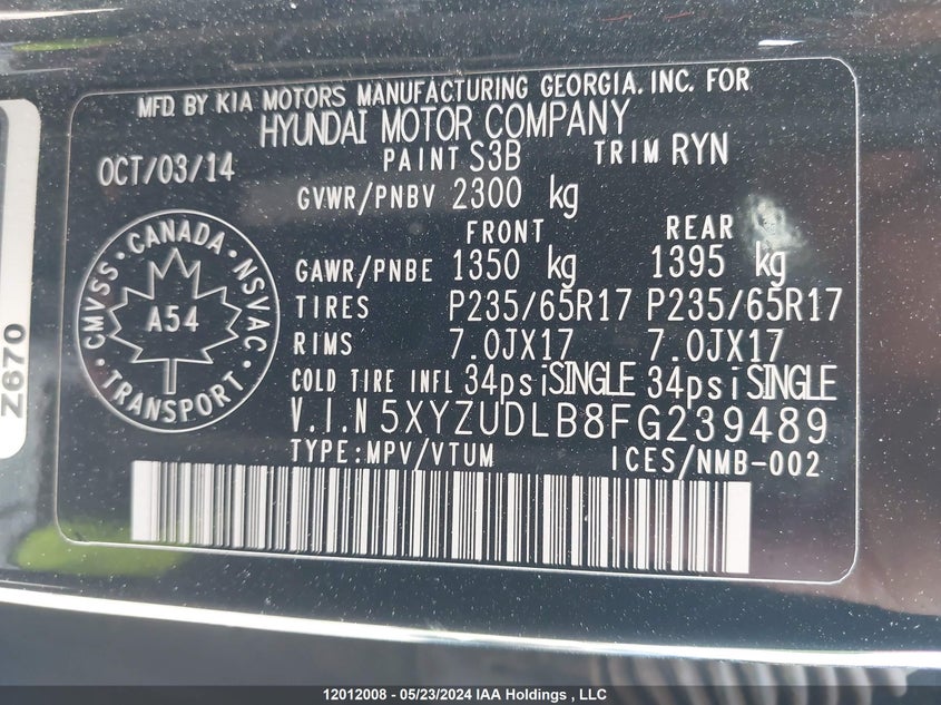 2015 Hyundai Santa Fe Sport 2.4 Premium VIN: 5XYZUDLB8FG239489 Lot: 12012008