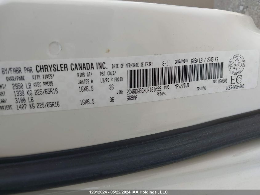 2012 Dodge Grand Caravan Se VIN: 2C4RDGBGXCR101099 Lot: 12012024