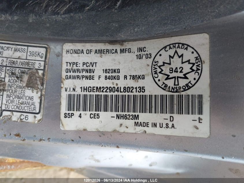 2004 Honda Civic VIN: 1HGEM22904L802135 Lot: 12012026