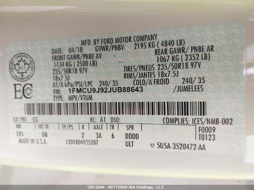 2018 Ford Escape Titanium VIN: 1FMCU9J92JUB88643 Lot: 12012044