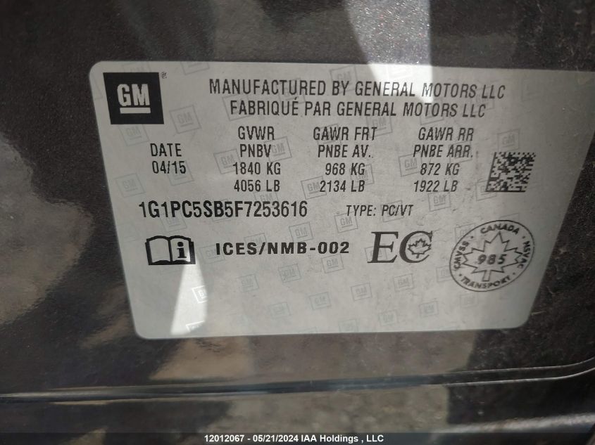 2015 Chevrolet Cruze Lt VIN: 1G1PC5SB5F7253616 Lot: 12012067