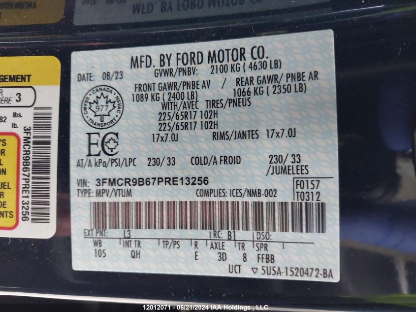 2023 Ford Bronco Sport Big Bend VIN: 3FMCR9B67PRE13256 Lot: 12012071