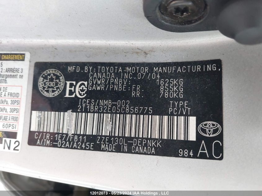 2005 Toyota Corolla Ce/Le/S VIN: 2T1BR32E05C856775 Lot: 12012073