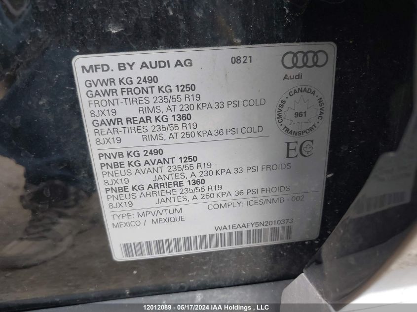 2022 Audi Q5 VIN: WA1EAAFY5N2010373 Lot: 12012089