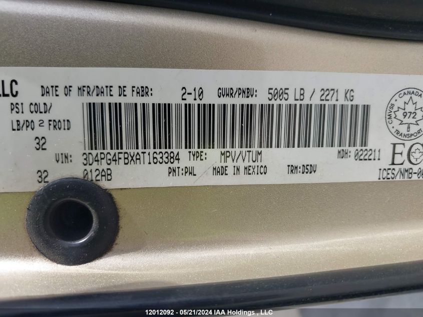 2010 Dodge Journey Se VIN: 3D4PG4FBXAT163384 Lot: 12012092