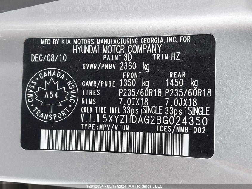 2011 Hyundai Santa Fe Se VIN: 5XYZHDAG2BG024350 Lot: 12012094