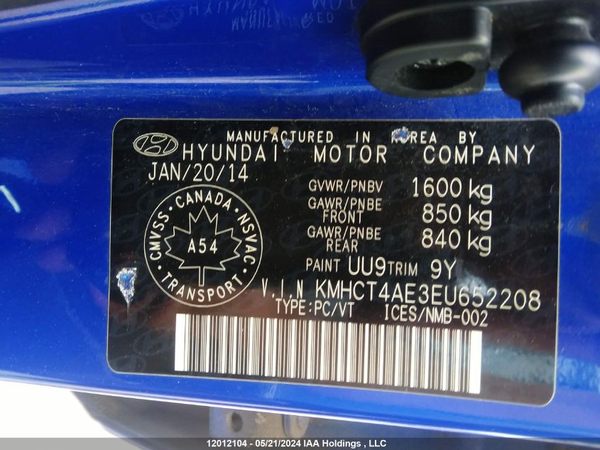 2014 Hyundai Accent Gls/Gs VIN: KMHCT4AE3EU652208 Lot: 12012104