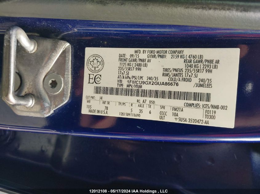 2016 Ford Escape Se VIN: 1FMCU9GX2GUA86676 Lot: 12012108