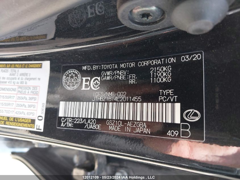 2020 Lexus Es 350 Signature VIN: JTHBZ1B14L2011455 Lot: 12012109