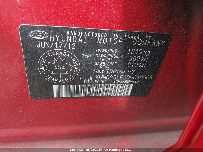 2013 Hyundai Elantra Gt VIN: KMHD35LE2DU028809 Lot: 12012123