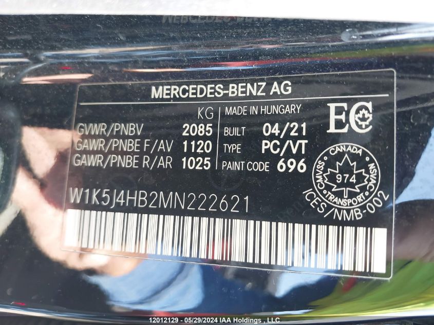 2021 Mercedes-Benz Cla VIN: W1K5J4HB2MN222621 Lot: 12012129