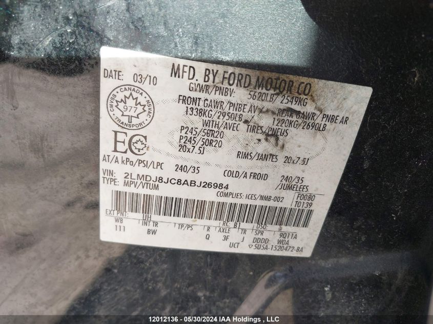 2010 Lincoln Mkx VIN: 2LMDJ8JC8ABJ26984 Lot: 12012136