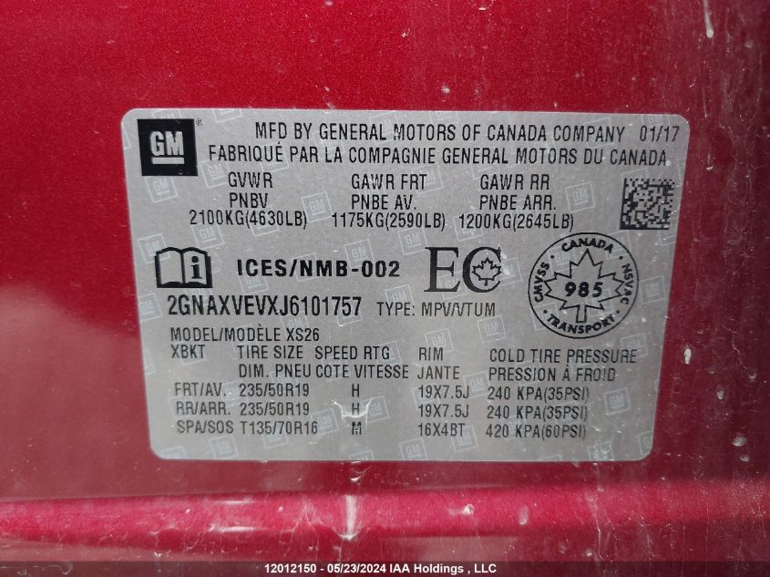 2018 Chevrolet Equinox Premier VIN: 2GNAXVEVXJ6101757 Lot: 12012150