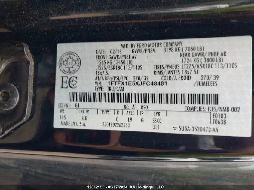 2018 Ford F150 Super Cab VIN: 1FTFX1E5XJFC48481 Lot: 12012155