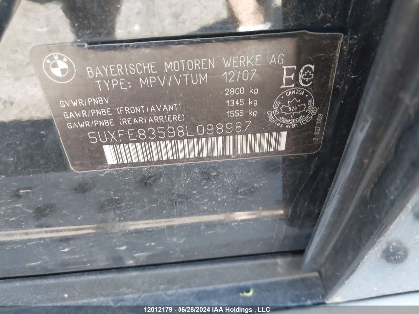 2008 BMW X5 4.8I VIN: 5UXFE83598L098987 Lot: 12012179