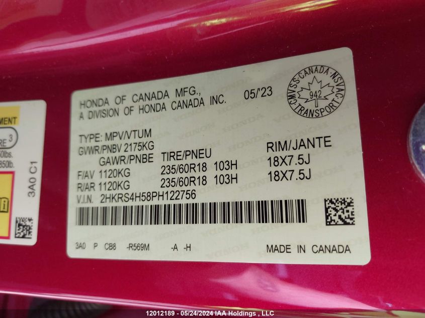 2023 Honda Cr-V VIN: 2HKRS4H58PH122756 Lot: 12012189