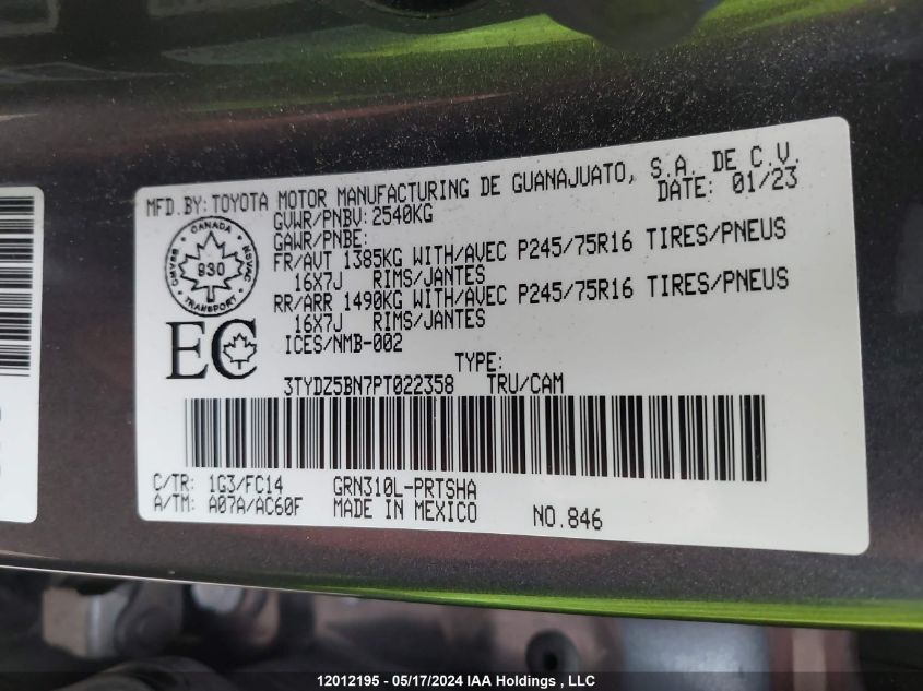 2023 Toyota Tacoma Double Cab/Sr5/Trd Sport/Trd Off Road VIN: 3TYDZ5BN7PT022358 Lot: 12012195
