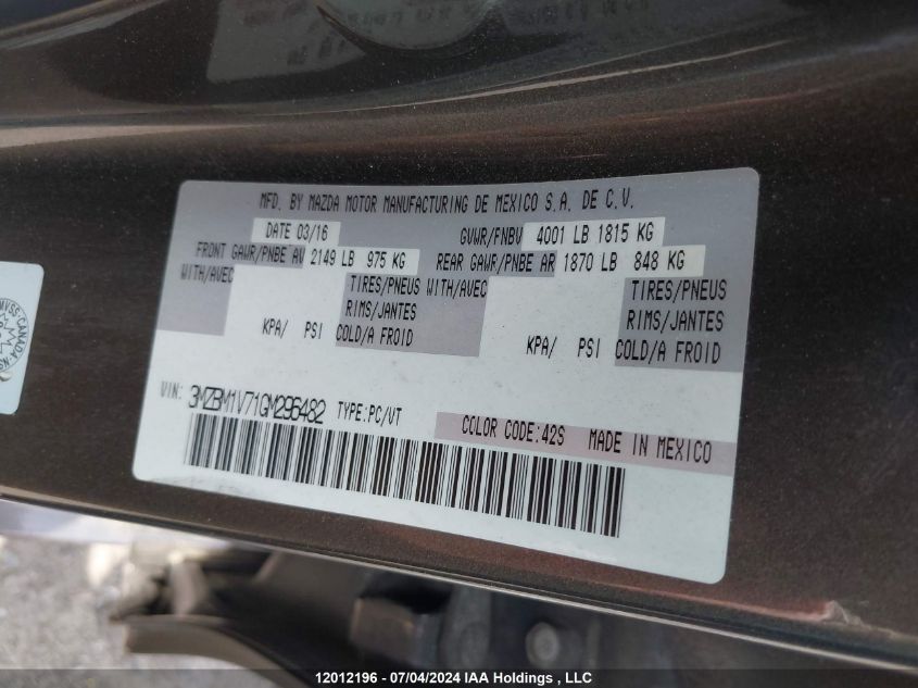 2016 Mazda Mazda3 VIN: 3MZBM1V71GM296482 Lot: 12012196