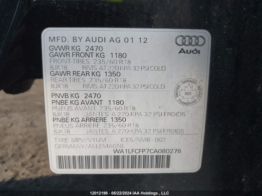 2012 Audi Q5 VIN: WA1LFCFP7CA080276 Lot: 12012198