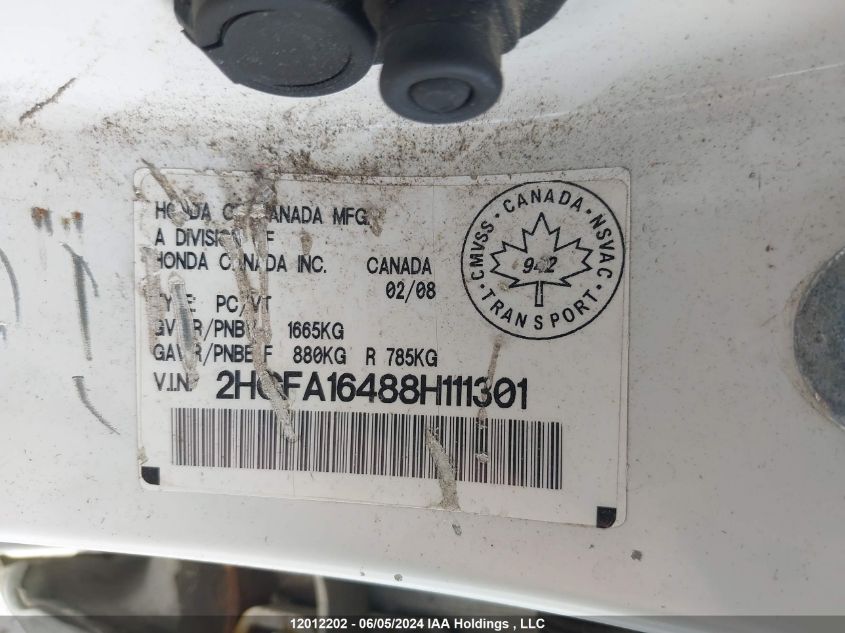 2008 Honda Civic VIN: 2HGFA16488H111301 Lot: 12012202