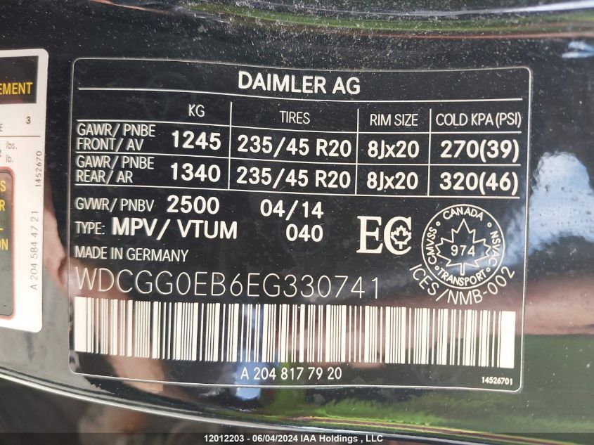 2014 Mercedes-Benz Glk-Class VIN: WDCGG0EB6EG330741 Lot: 12012203