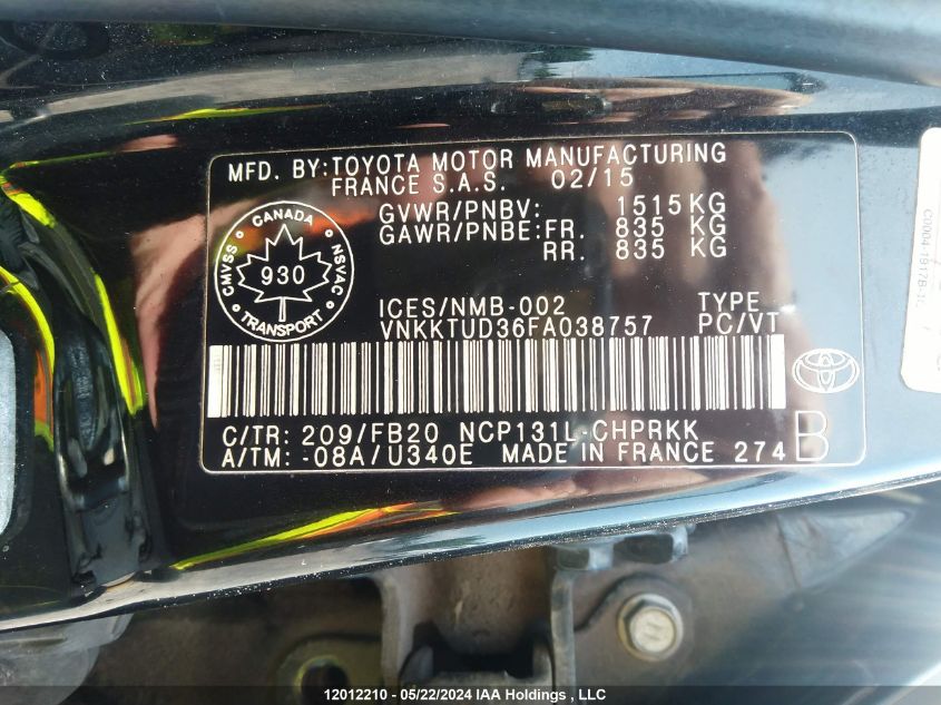 2015 Toyota Yaris VIN: VNKKTUD36FA038757 Lot: 12012210