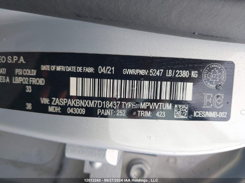 2021 Alfa Romeo Stelvio Ti Sport Awd VIN: ZASPAKBNXM7D18437 Lot: 12012243